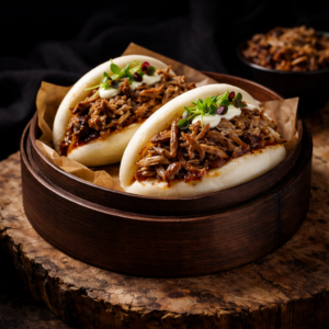 Pan bao de lechazo asado desmigado.