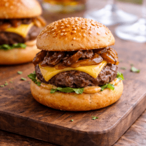 Mini burguer con queso y cebolla caramelizada