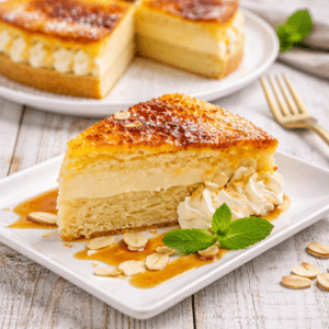 Tarta de crema volcada con yema tostada.