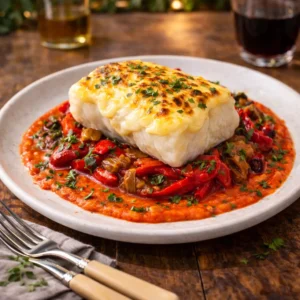 Bacalao confitado sobre cama de crema de pimientos