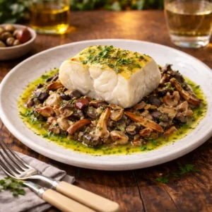 Bacalao confitado con salsa de surtido de setas