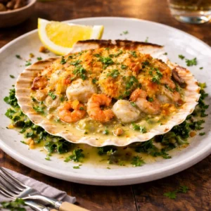 Concha vieira rellena de frutos del mar