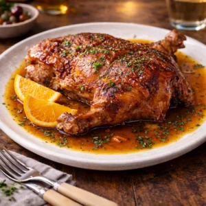 Tostón concitado en su jugo con reducción de naranja