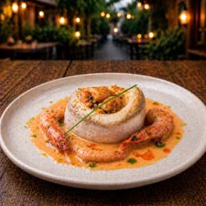 Timbal de corvina relleno de mariscos con velouté de gambones y aceite de tomate seco.